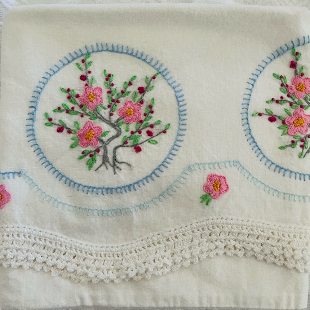 Vintage Pillowcase Cherry Blossom Tree Embroidered Flowers Cottagecore  Linens